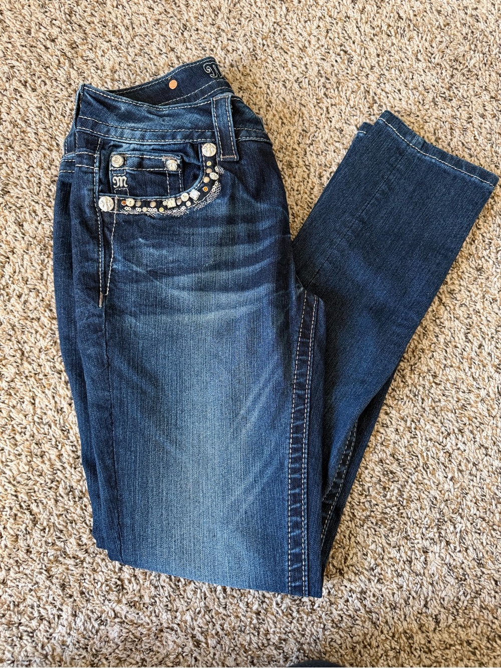 Miss Me Dark Blue Skinny Jeans with Embellished Pocket